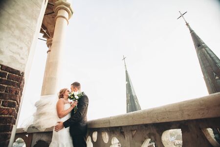Stylish beautiful wedding couple kissing and hugging on background panoramic view of the old town.の写真素材