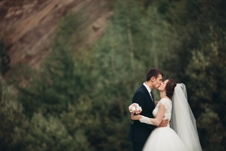 Handsome romantic groom and beautiful bride kissing near river in scenic mountains.の写真素材