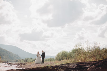 Beautiful wedding couple stay on stone of the river in scenic mountains.の写真素材