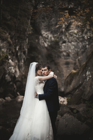 Beautiful wedding couple stay on stone of the river in scenic mountains.の写真素材