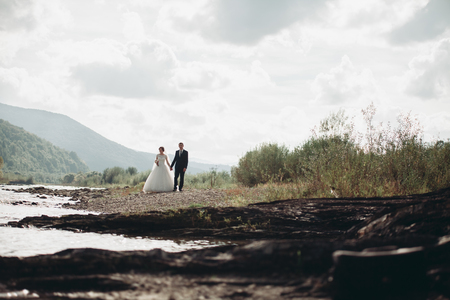 Beautiful wedding couple stay on stone of the river in scenic mountains.の写真素材