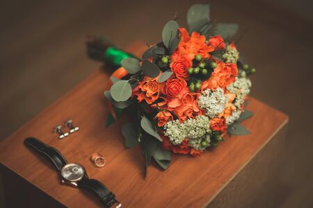 Wonderful luxury wedding bouquet of different flowers.の写真素材