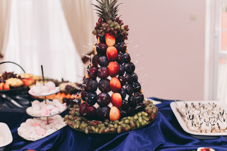 Various sweet sliced fruit on a buffet table.の写真素材