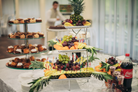 Various sweet sliced fruit on a buffet table.の写真素材