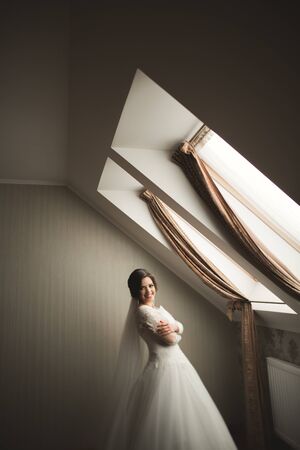 Luxury bride in white dress posing while preparing for the wedding ceremony.の写真素材
