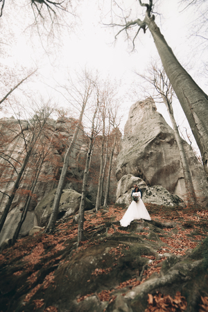 Gorgeous bride and groom kissing and hugging near the cliffs with stunning views.の写真素材
