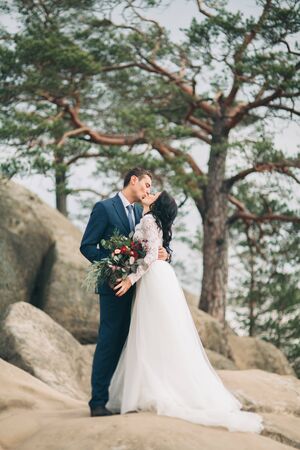 Gorgeous bride and groom kissing and hugging near the cliffs with stunning views.の写真素材