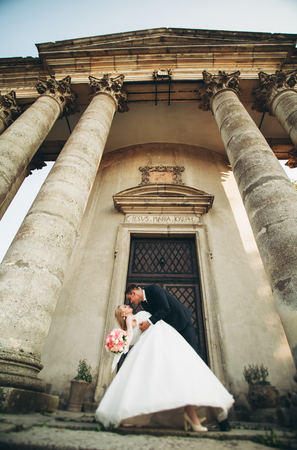 Beautiful romantic wedding couple of newlyweds hugging near old castle.の写真素材
