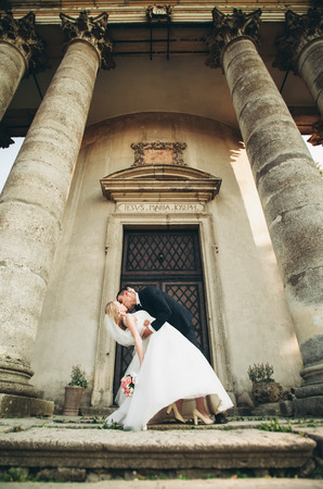 Beautiful romantic wedding couple of newlyweds kissing near old castle.の写真素材