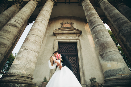 Beautiful romantic wedding couple of newlyweds hugging near old castle.の写真素材
