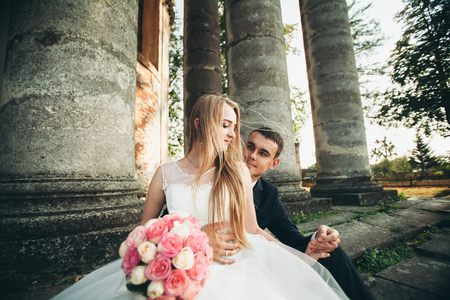 Beautiful romantic wedding couple of newlyweds hugging near old castle.の写真素材