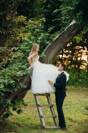 Beautiful romantic wedding couple of newlyweds in park on sunset.の写真素材