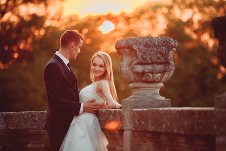 Beautiful romantic wedding couple of newlyweds hugging near old castle.の写真素材