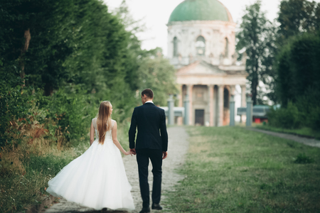 Beautiful romantic wedding couple of newlyweds walking near old castle.の写真素材