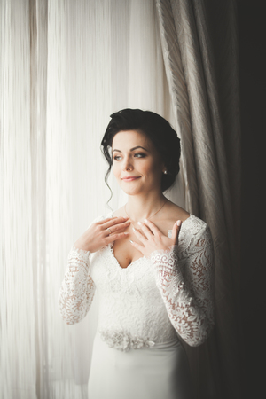 Portrait of beautiful bride with Wedding dress at wedding morning.の写真素材
