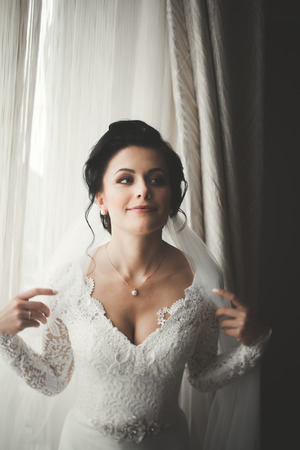 Portrait of beautiful bride with Wedding dress at wedding morning.の写真素材
