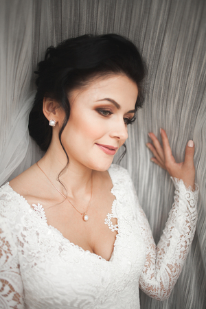 Portrait of beautiful bride with Wedding dress at wedding morning.の写真素材