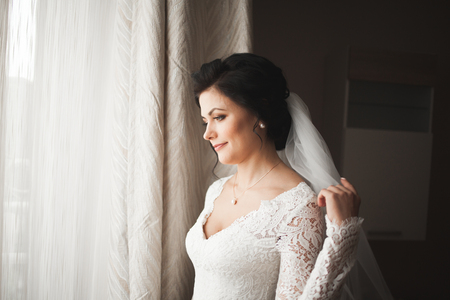 Portrait of beautiful bride with Wedding dress at wedding morning.の写真素材