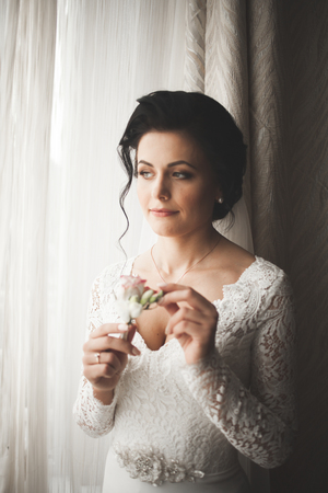 Portrait of beautiful bride with Wedding dress at wedding morning.の写真素材