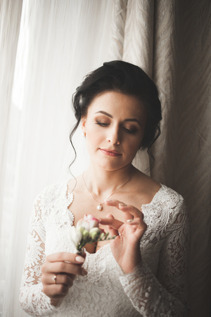 Portrait of beautiful bride with Wedding dress at wedding morning.の写真素材