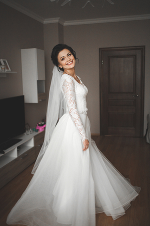 Portrait of beautiful bride with Wedding dress at wedding morning.の写真素材