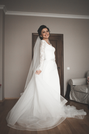 Portrait of beautiful bride with Wedding dress at wedding morning.の写真素材