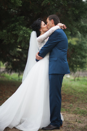 Happy wedding couple kissing in a botanical park.の写真素材