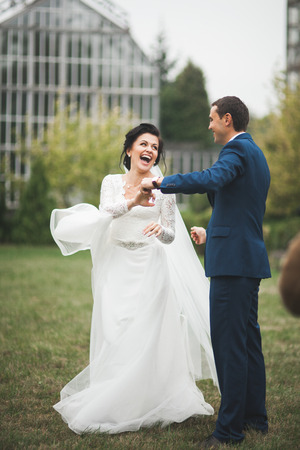 Happy wedding couple in a botanical park.の写真素材