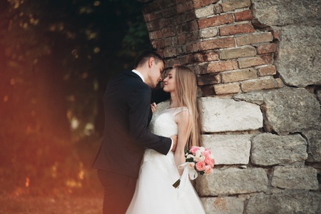 Beautiful romantic wedding couple of newlyweds hugging near old castle.の写真素材