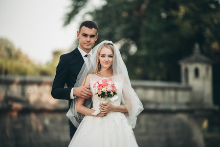 Beautiful romantic wedding couple of newlyweds hugging near old castle.の写真素材
