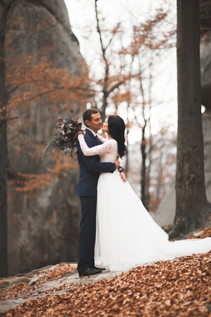 Gorgeous wedding couple hugging in forest with big rocks.の写真素材