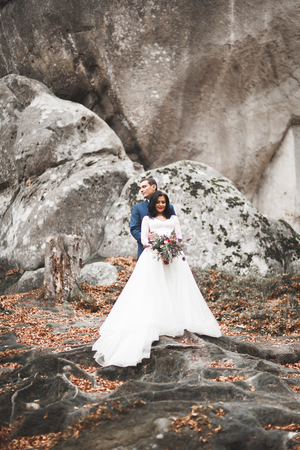 Gorgeous wedding couple hugging in forest with big rocks.の写真素材
