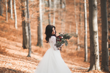 Gorgeous brunette bride in elegant dress holding bouquet and posing near forestの写真素材