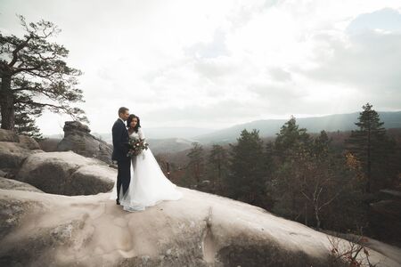 Gorgeous bride and groom hugging near the cliffs with stunning views.の写真素材