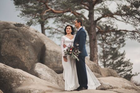 Gorgeous bride and groom hugging near the cliffs with stunning views.の写真素材
