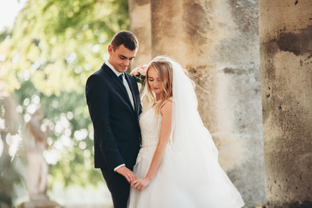 Beautiful romantic wedding couple of newlyweds hugging near old castle.の写真素材