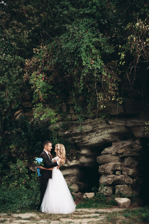 Luxury wedding couple hugging on the background gorgeous plants and cave near ancient castle.の写真素材