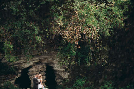 Luxury wedding couple hugging on the background gorgeous plants and cave near ancient castle.の写真素材