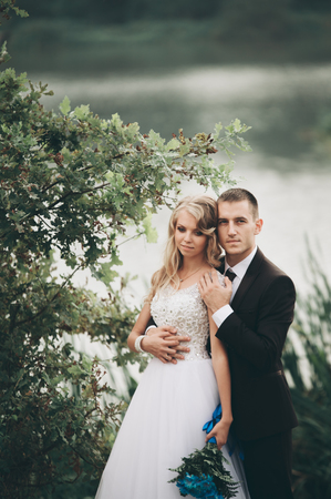 Romantic wedding couple, man and wife, posing near beautiful lake.の写真素材