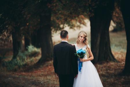 Amazing happy gentle stylish beautiful romantic caucasian couple walking in autumn park.の写真素材