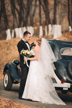 Stylish wedding couple, bride and groom hugging near retro car in autumn.の写真素材