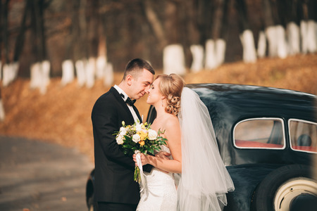 Stylish wedding couple, bride and groom hugging near retro car in autumn.の写真素材