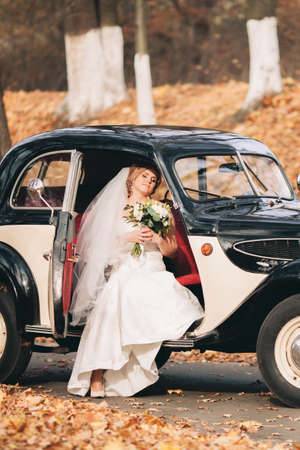 Beautiful happy bride with bouquet in retro car in autumn.の写真素材
