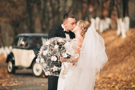 Stylish wedding couple, bride and groom kissing and hugging near retro car in autumn.の写真素材