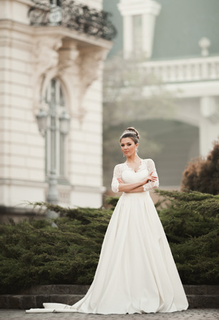 Wonderful bride with a luxurious white dress posing in the old town.の写真素材
