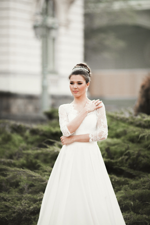 Wonderful bride with a luxurious white dress posing in the old town.の写真素材