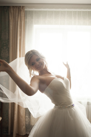 Portrait of beautiful bride with fashion veilの写真素材