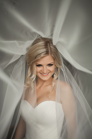Portrait of beautiful bride with fashion veilの写真素材