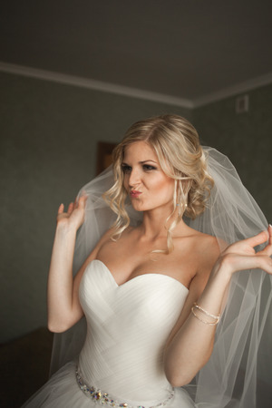Portrait of beautiful bride with fashion veilの写真素材