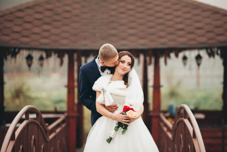 Happy wedding couple, bride and groom posing in park autumn.の写真素材